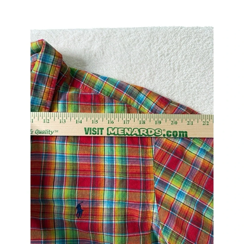 Ralph Lauren Linen Blend Long Sleeve Button Down Vibrant Plaid Blue‎ Pony Mens L